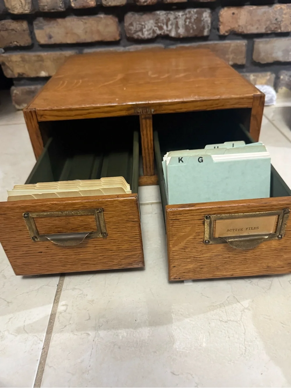 Vintage Globe Oak Desktop File Drawer Organizer - Brown with Brass Accents